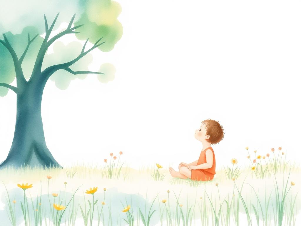 Watercolor of a child sitting in a sunny meadow with a tree - representing child play therapy