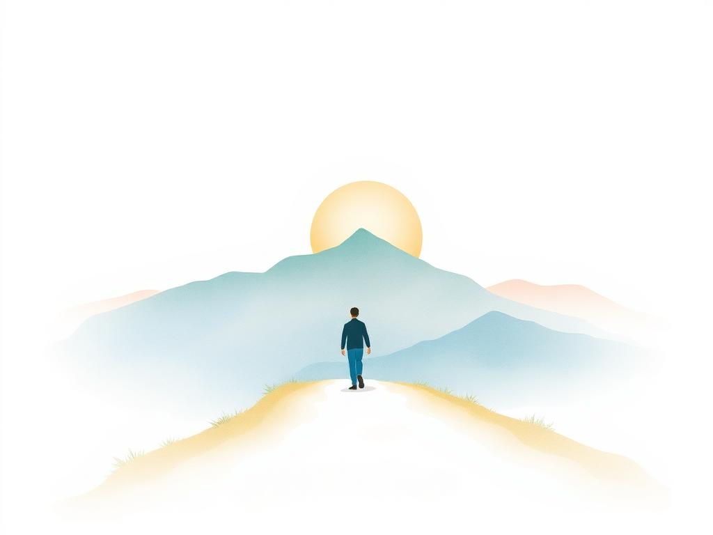 Watercolor of a figure walking toward sunrise mountains - representing coaching