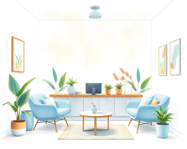A cozy, welcoming therapy office with soft blue accents and plants
